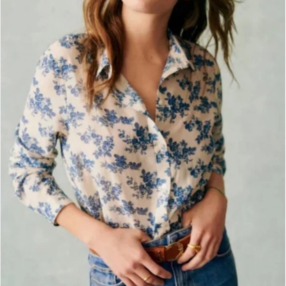 Sezane Pierro Blouse Blue Floral Cream Button Down Long Sleeve Shirt